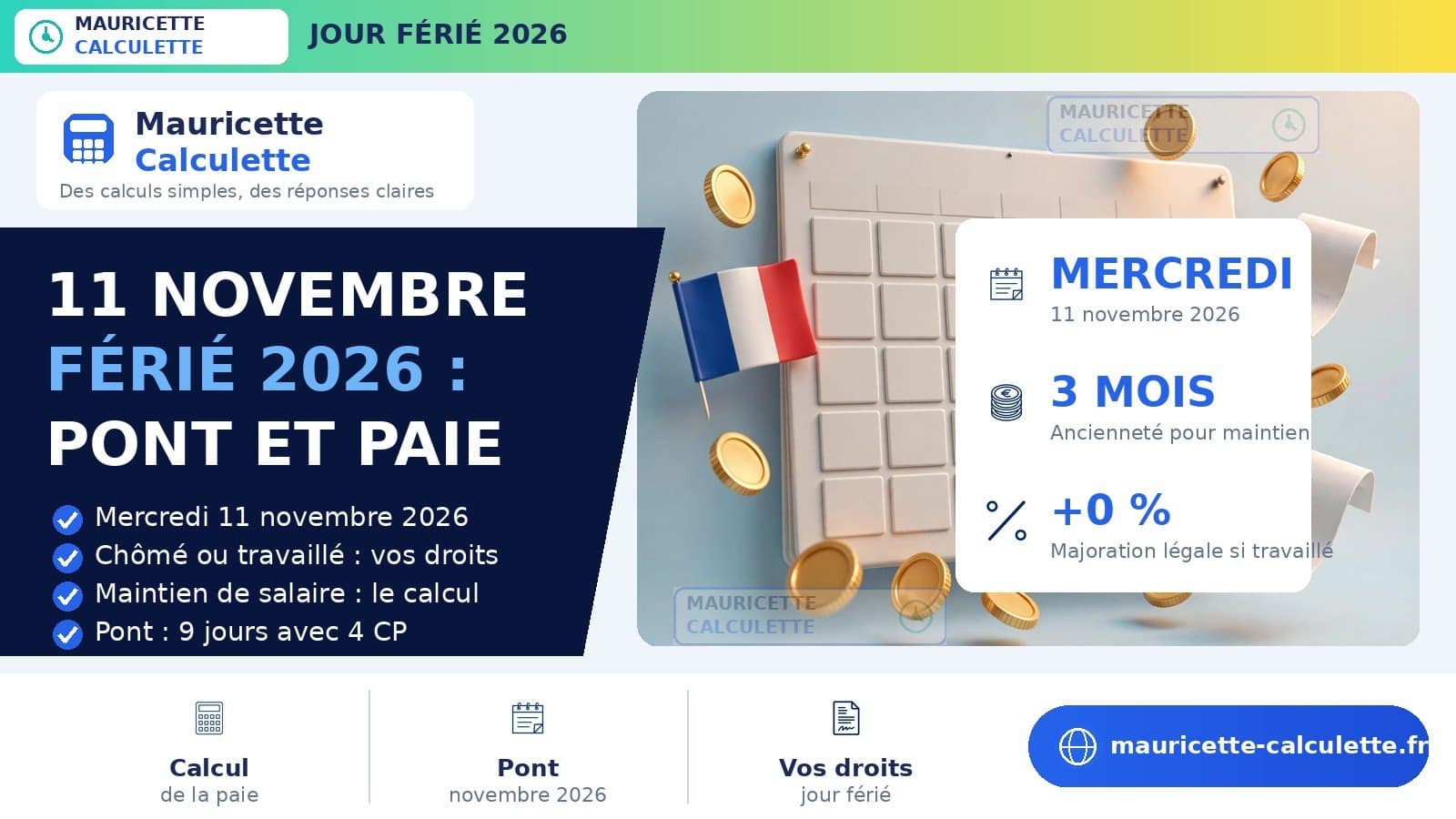 Illustration du guide 11 novembre férié 2026 : pont, paie et calcul du salaire