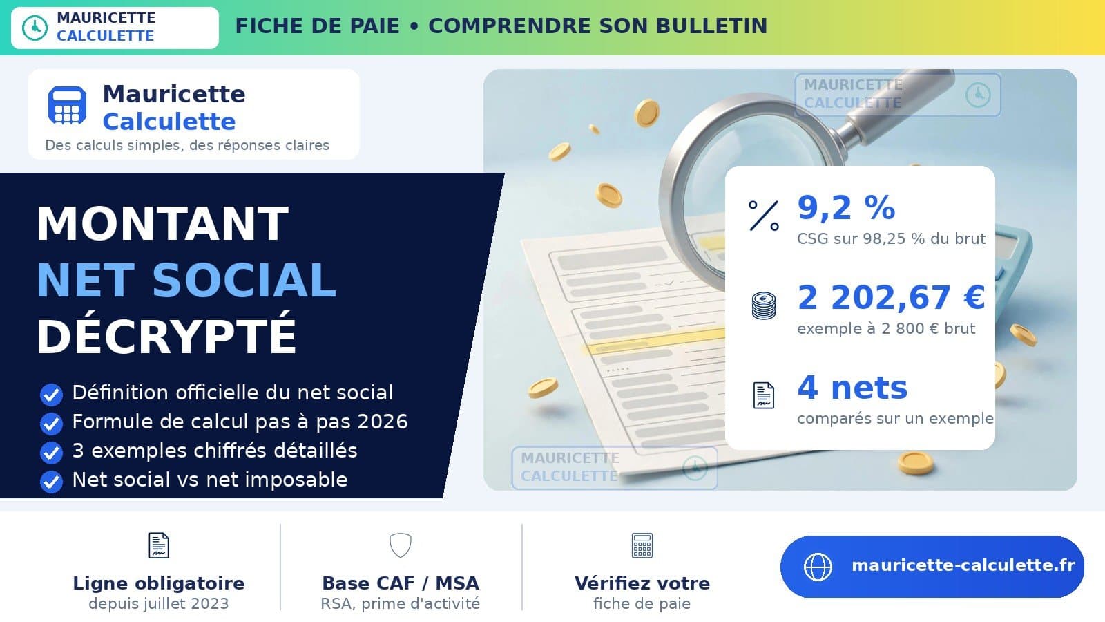 Illustration du guide Montant net social : définition, calcul et exemples (2026)