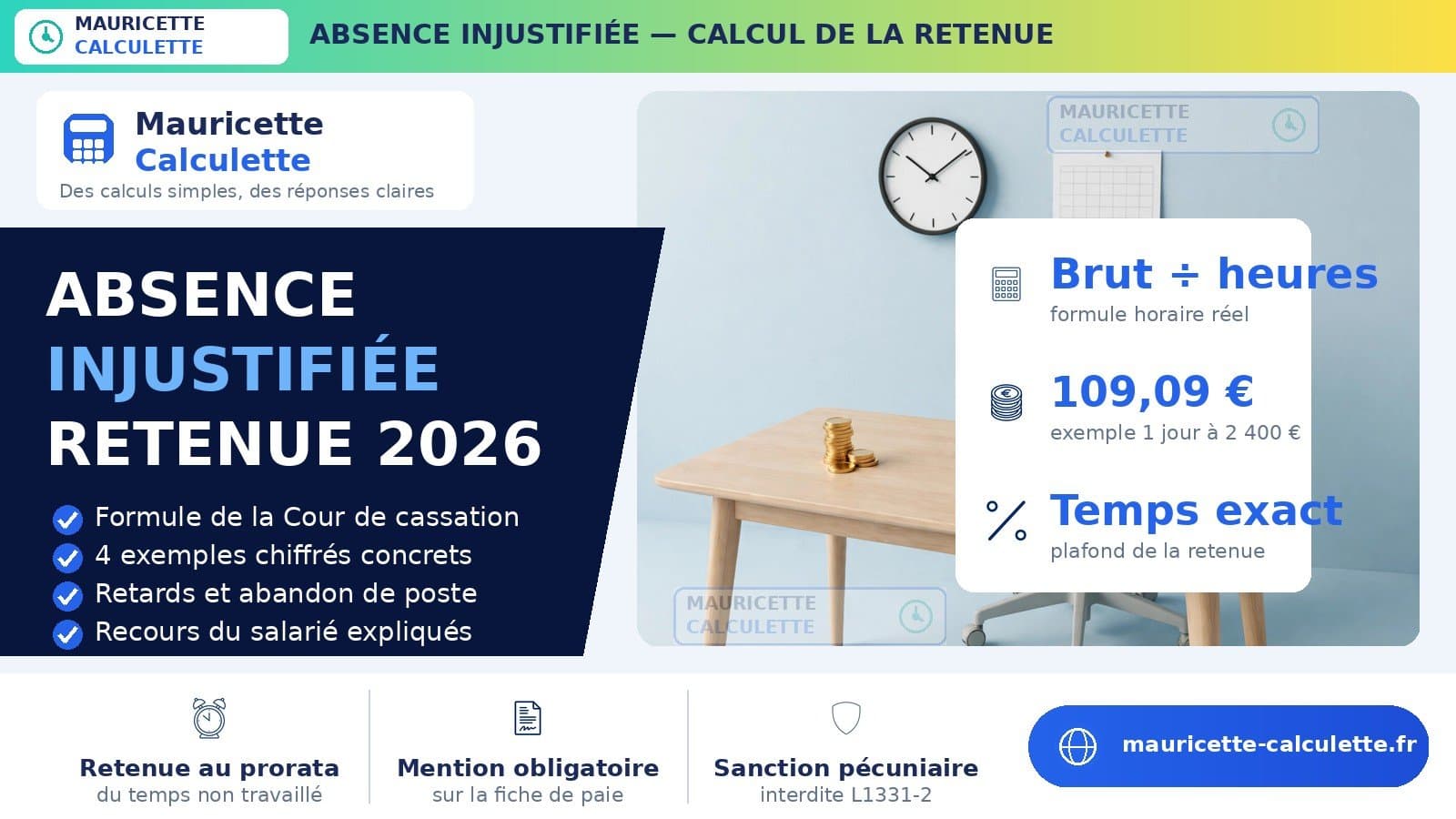 Illustration du guide Absence injustifiée : retenue sur salaire et calcul 2026