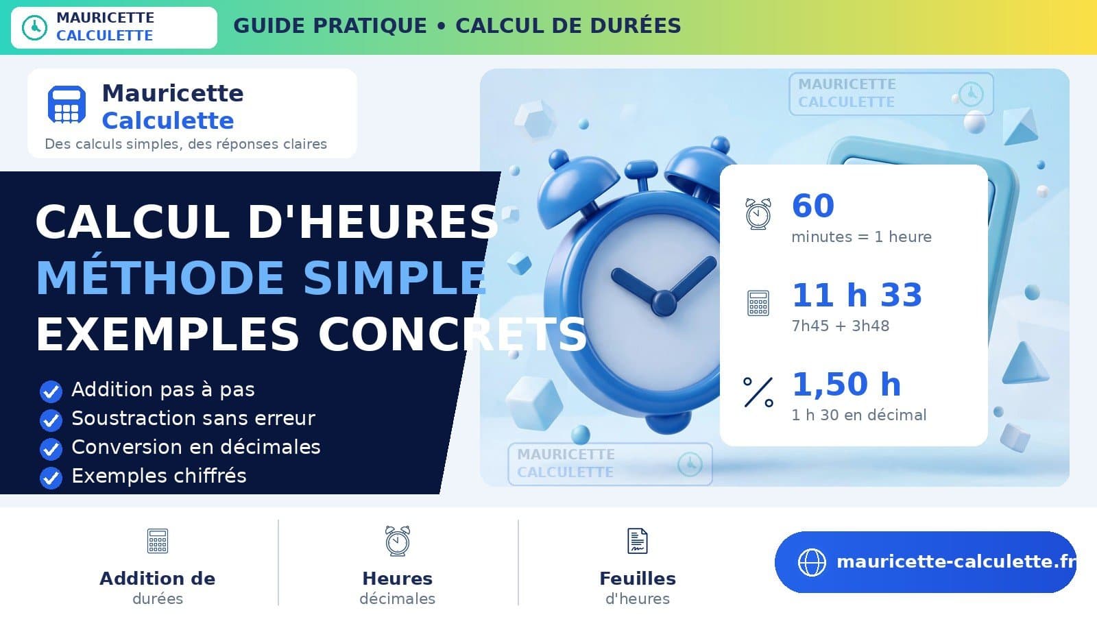 Illustration du guide Calcul d’heures : additionner des durées — guide 2026