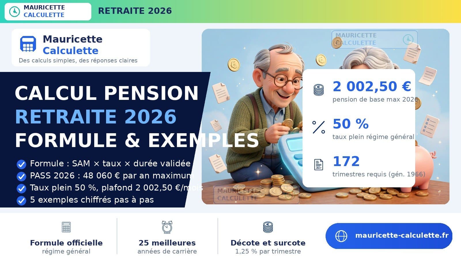 Illustration du guide Calcul pension retraite 2026 : formule, taux et 5 exemples