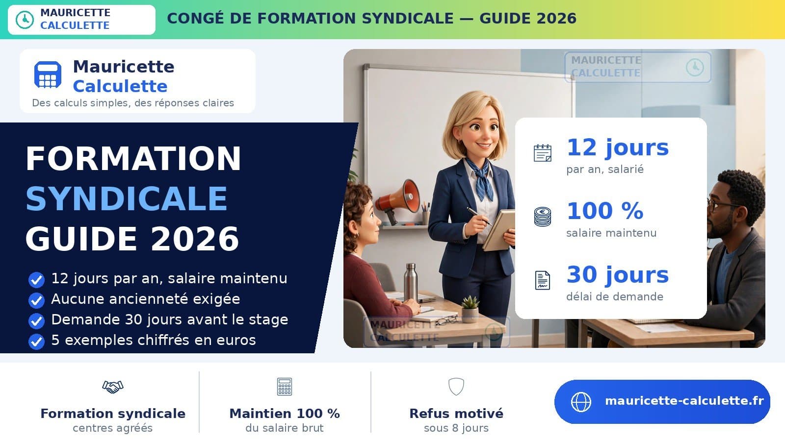 Illustration du guide Congé de formation syndicale 2026 : durée, salaire et calcul