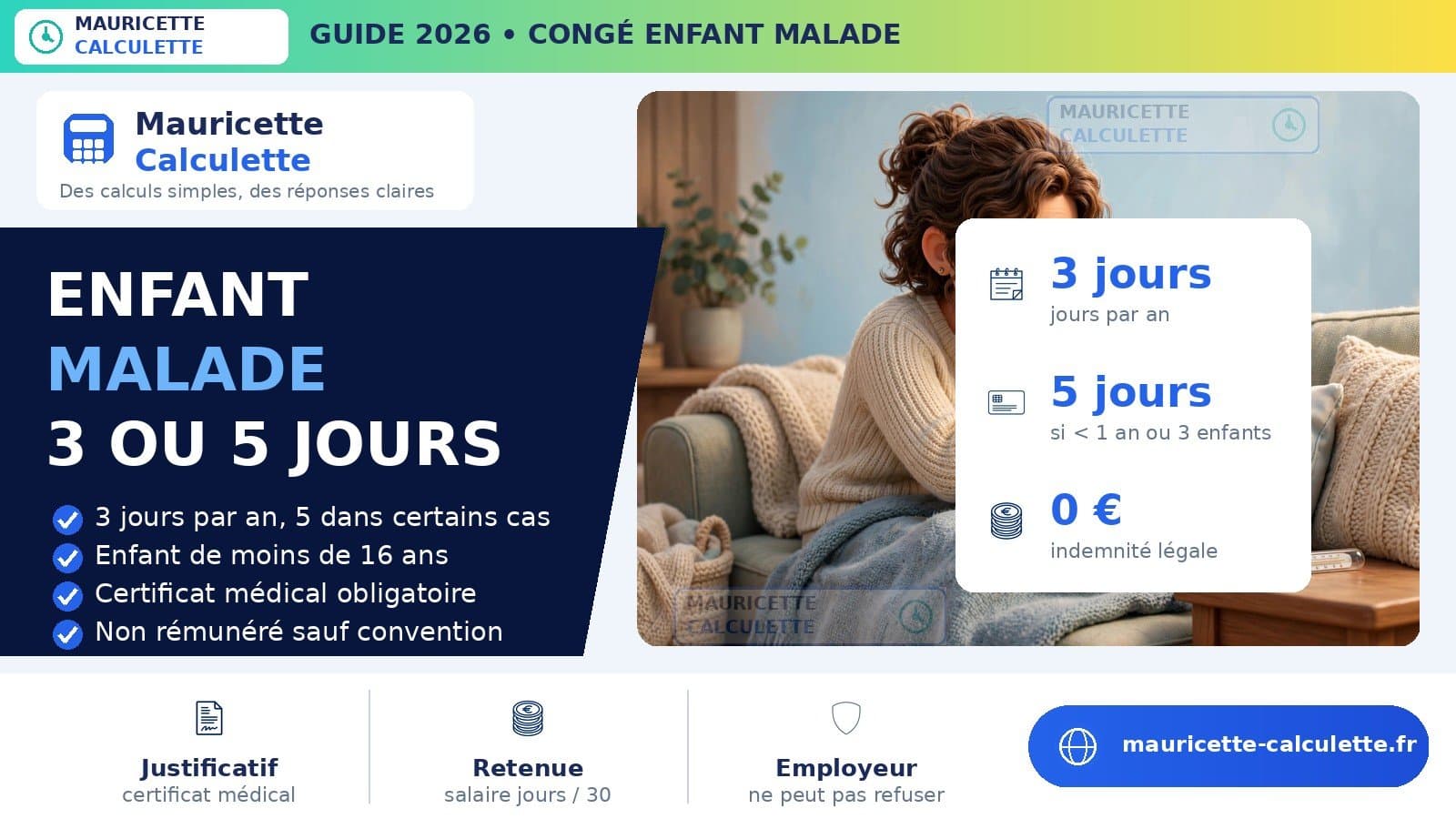 Illustration du guide Congé enfant malade 2026 : jours, rémunération et calcul