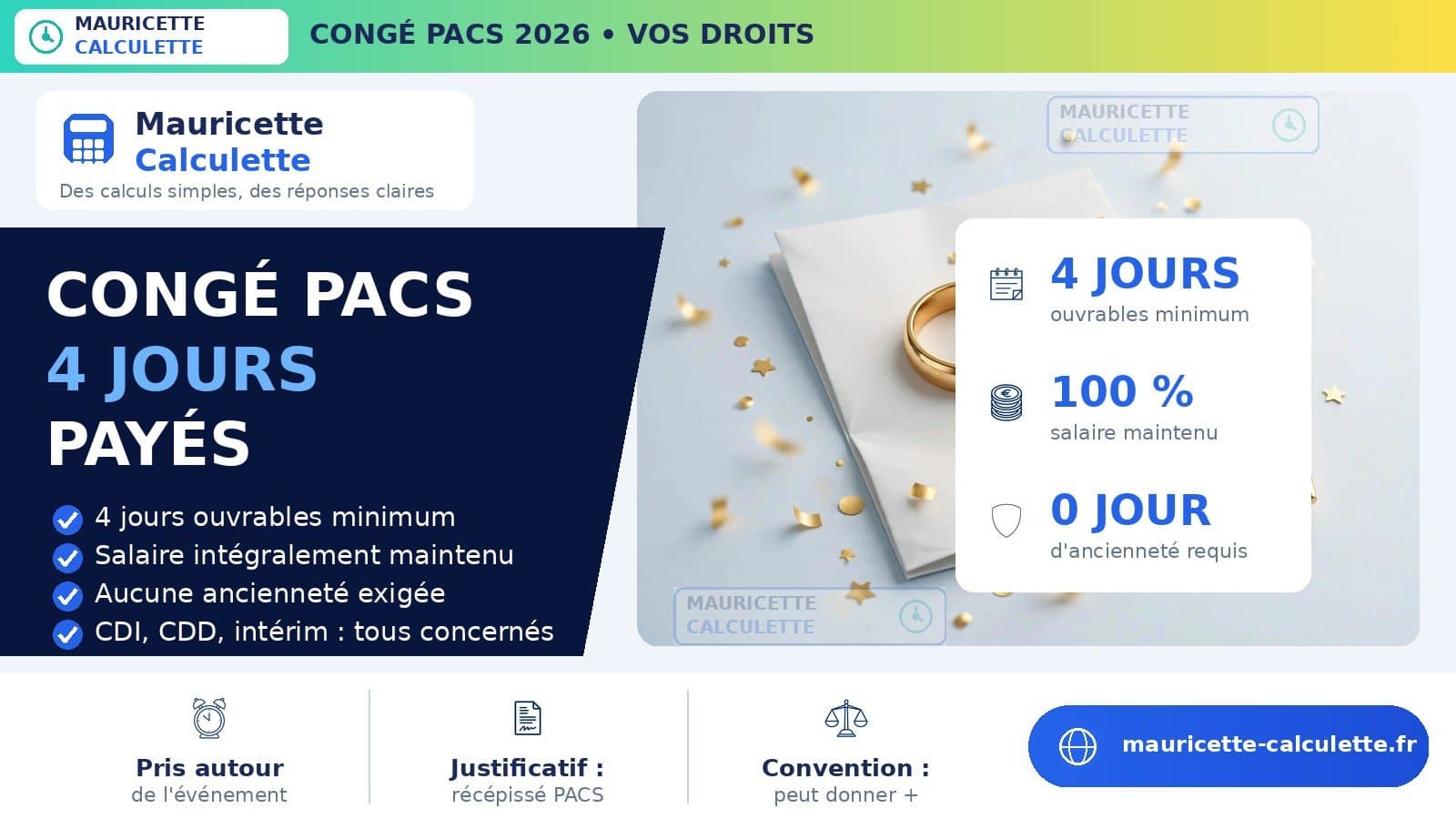 Illustration du guide Congé PACS 2026 : 4 jours, salaire et calcul des droits