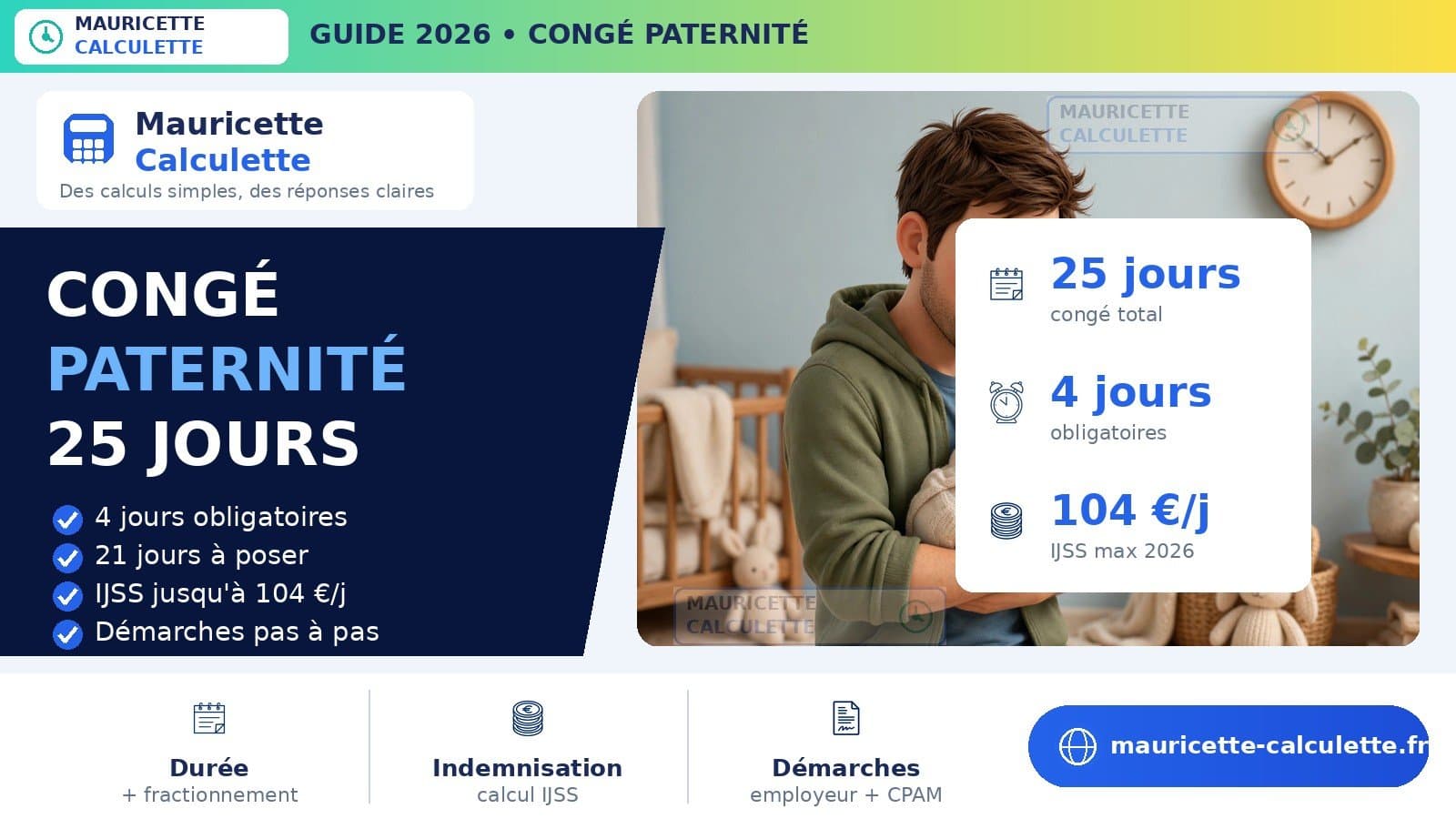 Illustration du guide Congé paternité 2026 : durée, indemnisation et calcul