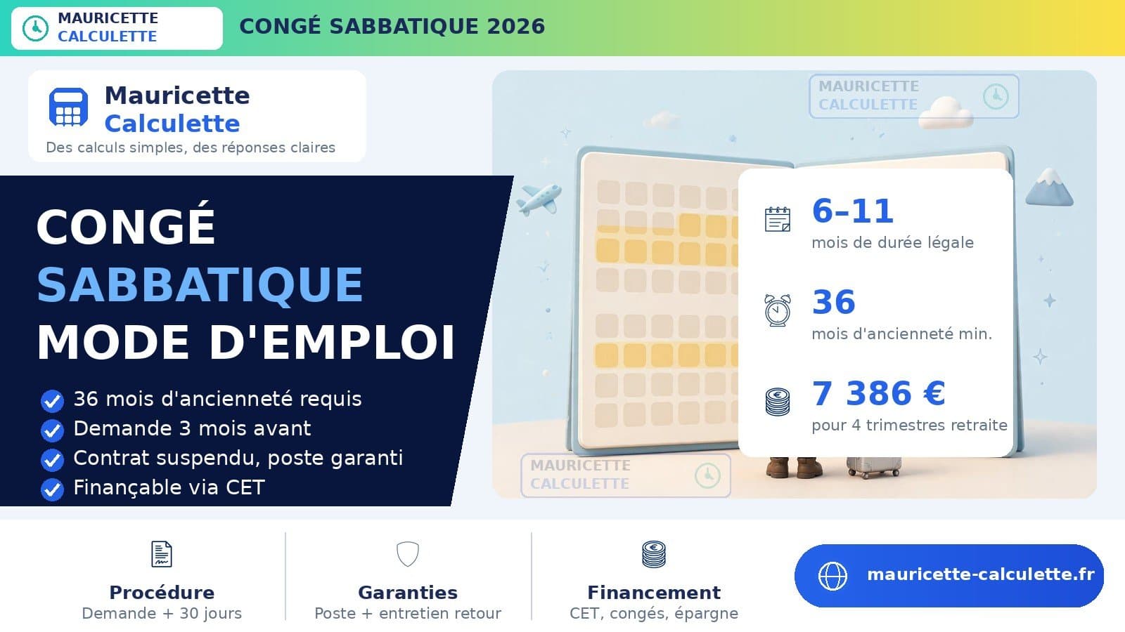 Illustration du guide Congé sabbatique 2026 : conditions, durée et coût réel
