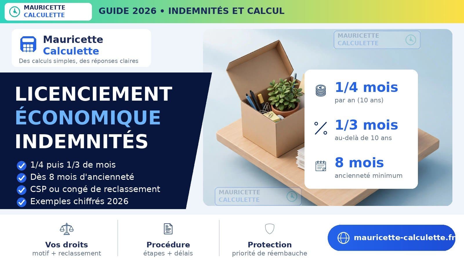 Illustration du guide Licenciement économique 2026 : indemnités, calcul et droits