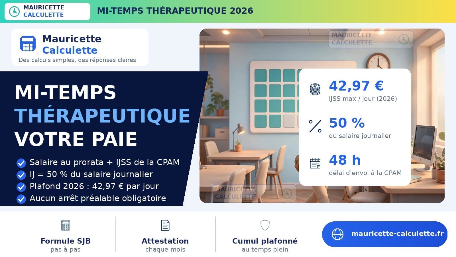 Illustration du guide Mi-temps thérapeutique 2026 : calcul du salaire et des IJ