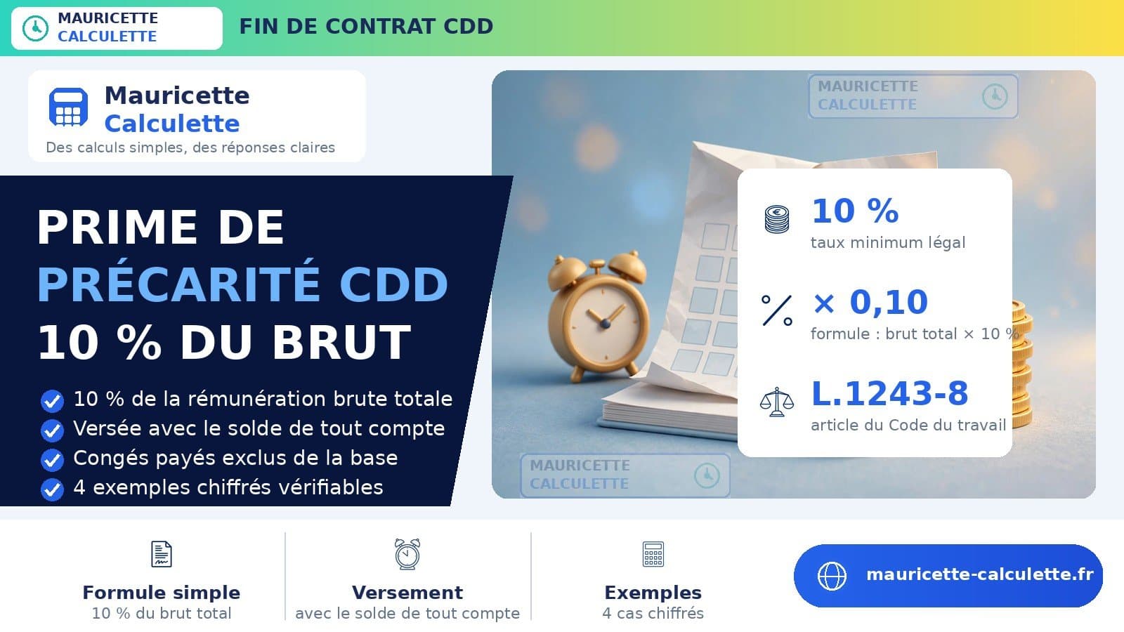 Illustration du guide Prime de précarité CDD 2026 : calcul de l’indemnité (10 %)