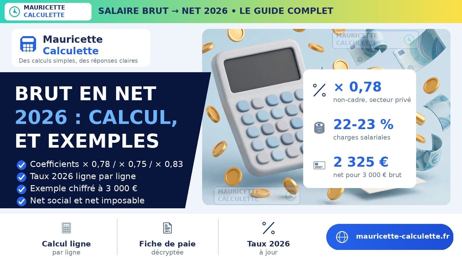 Illustration du guide Salaire brut en net 2026 : calcul, taux et tableau